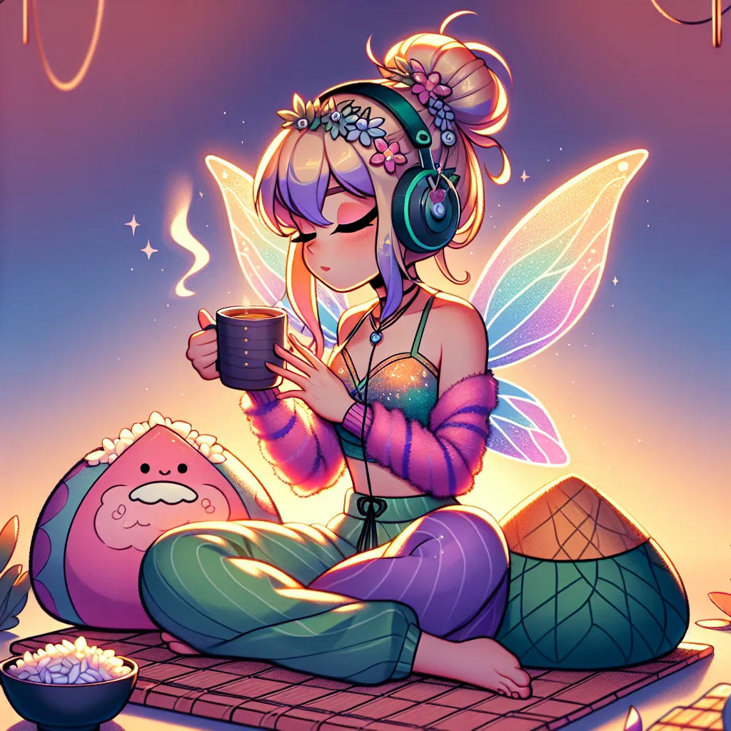 Illustration of Sunset Nightfall, the Muse Fairy from Winx Club, sitting in the lotus position on a soft mat. She is wearing vibrant fairy attire, with headphones on, sipping tea from a cozy mug. Around her are rice onigiri, and a gentle glow of sunset light enhances the serene atmosphere as she enjoys her calming music and relaxes peacefully.