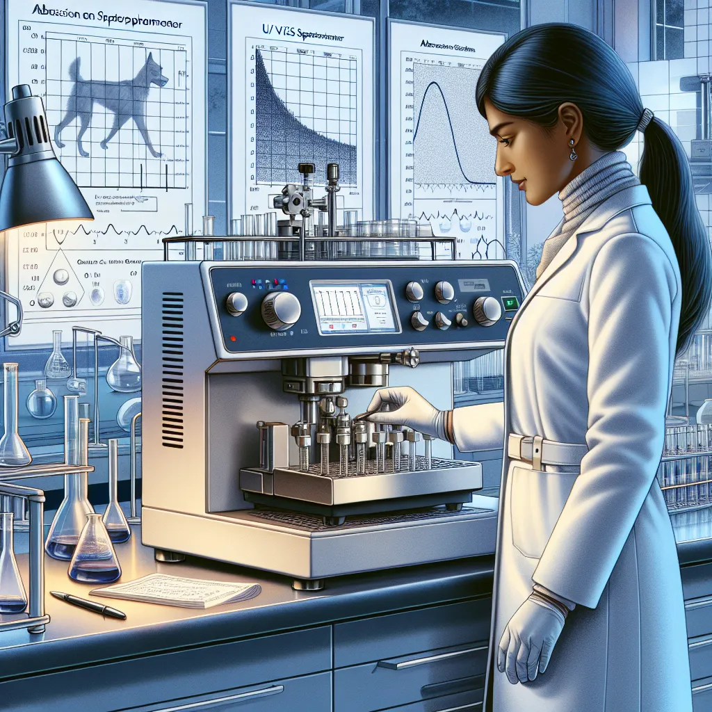 Image of a scientist adjusting a UV/vis spectrophotometer in a laboratory setting, with charts displaying the absorption spectra of Cu2+ ions.