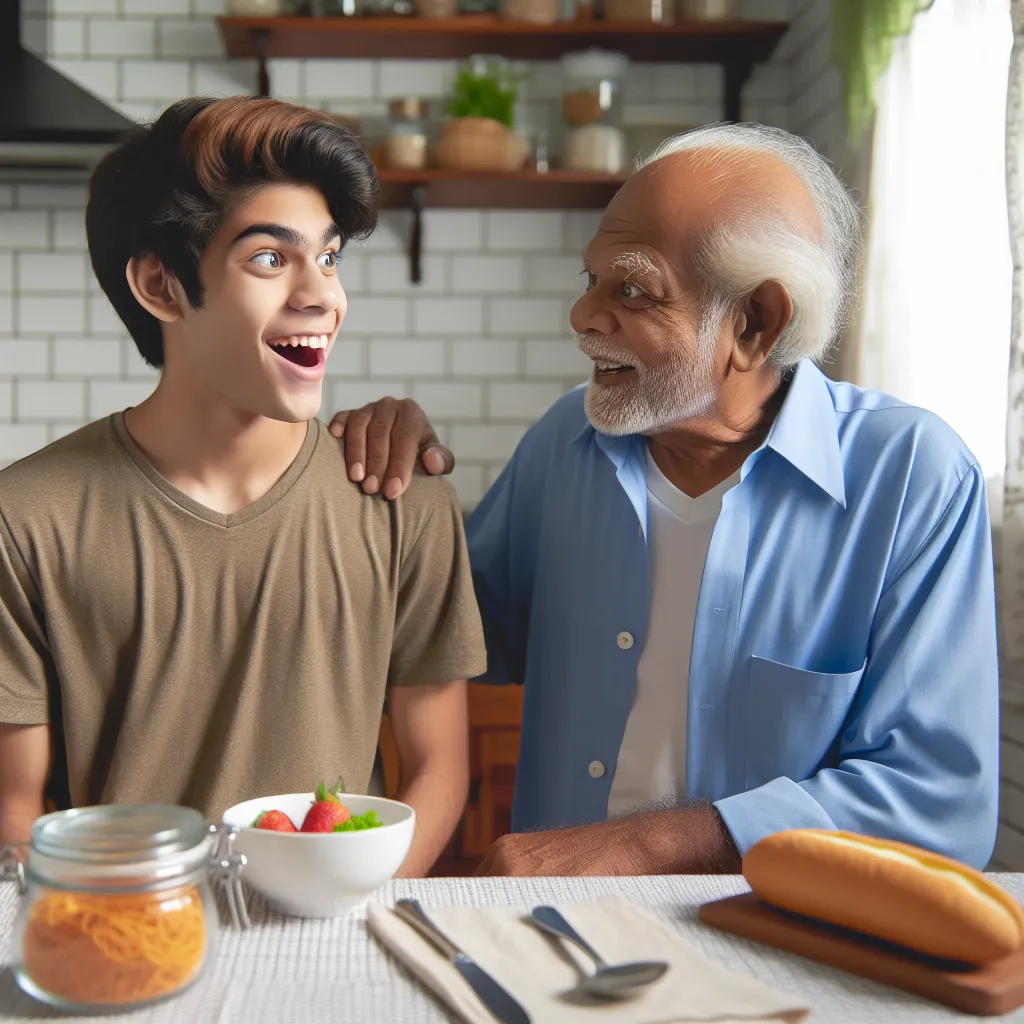 Imagen de un adolescente sorprendido mirando con asombro a un hombre mayor que lo sonríe cariñosamente en la cocina mientras prepara el desayuno.