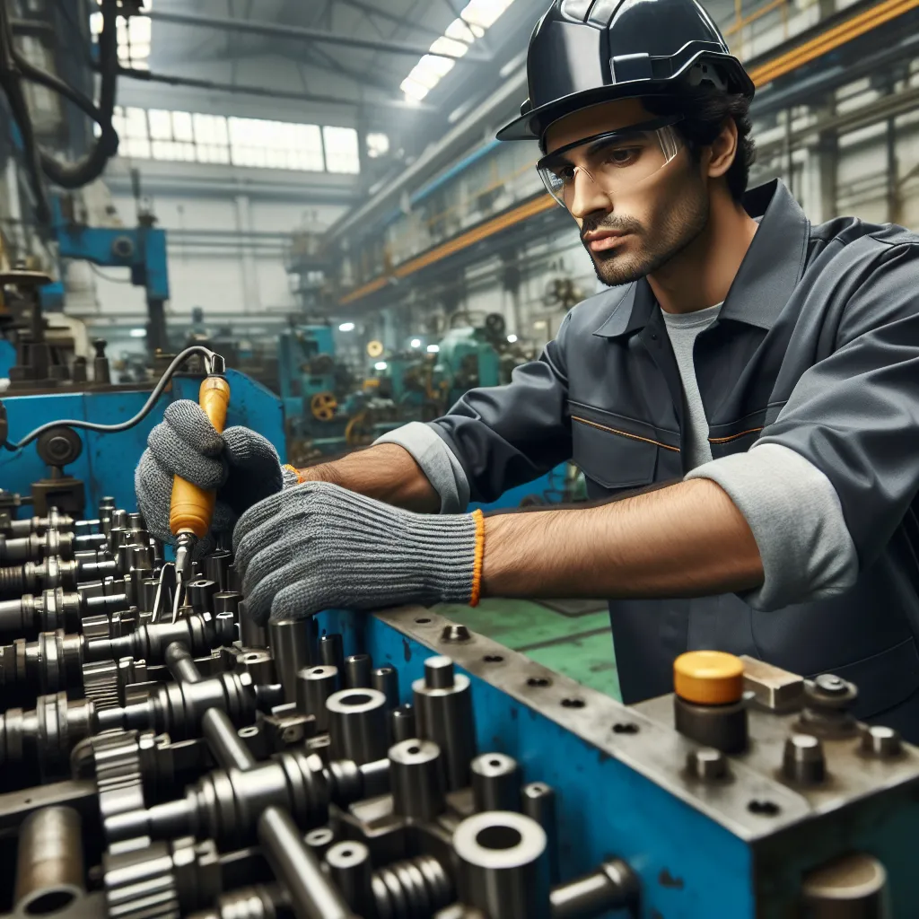 Illustration of a worker at a factory performing repetitive tasks with a neutral expression, surrounded by machinery.