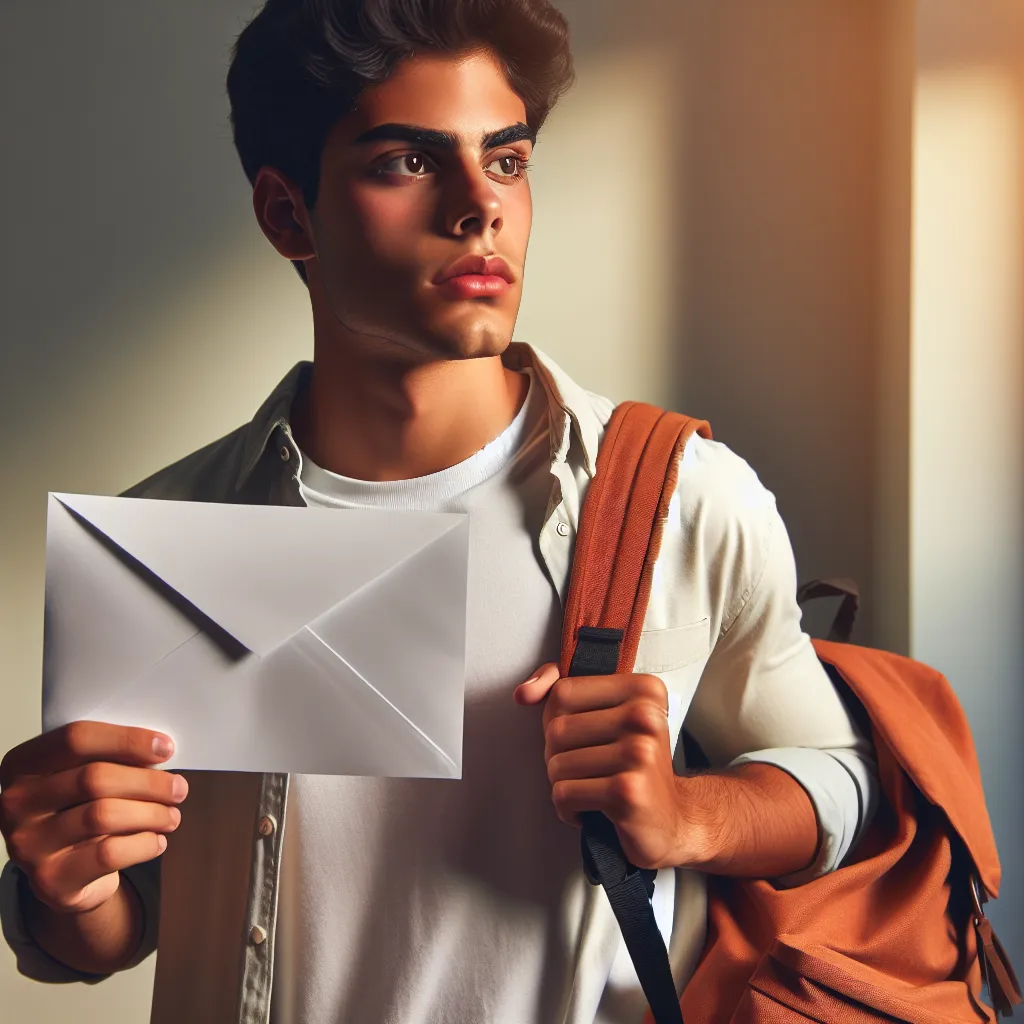 Imagen de un joven mirando a lo lejos mientras sostiene una carta y una mochila, simbolizando un nuevo comienzo tras una dura decisión para emanciparse.