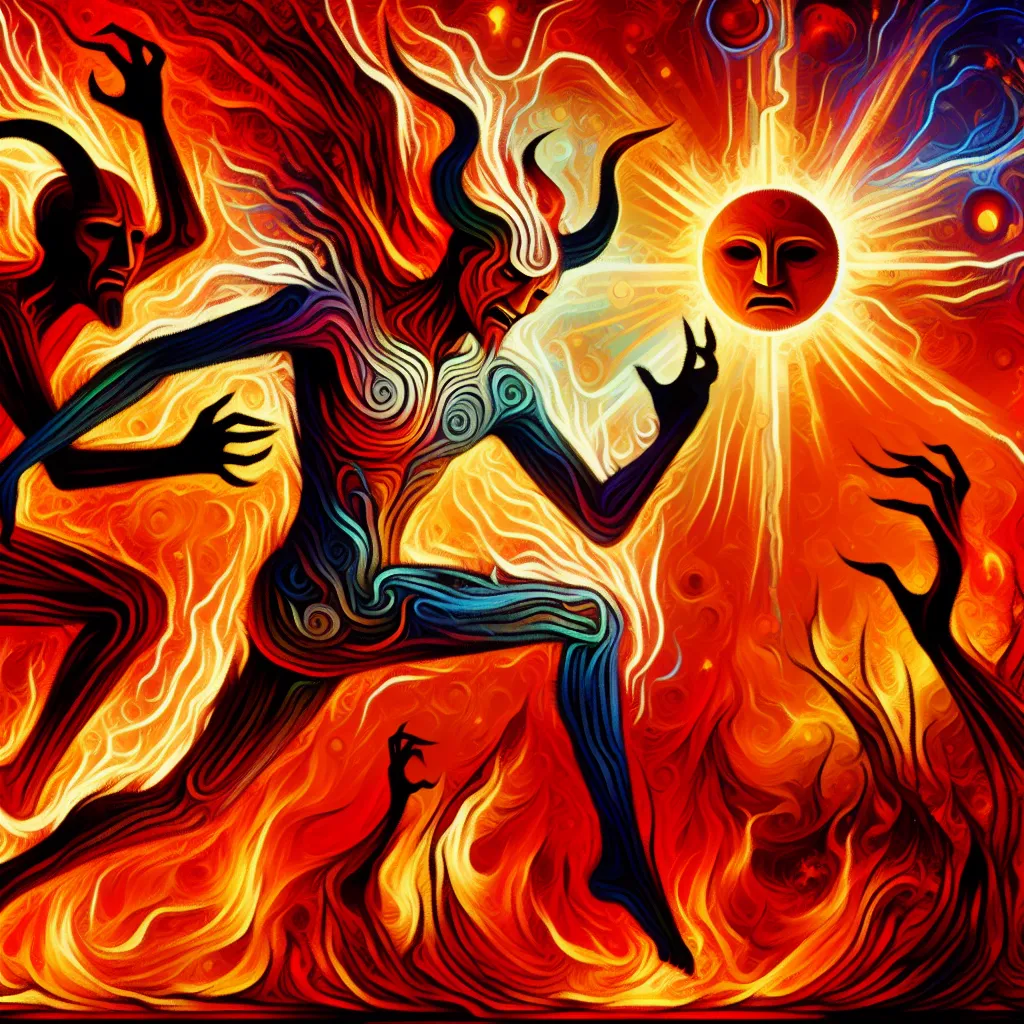 Transformation, Lucifer, Morningstar, Hazbin, Hell in an abstract style
