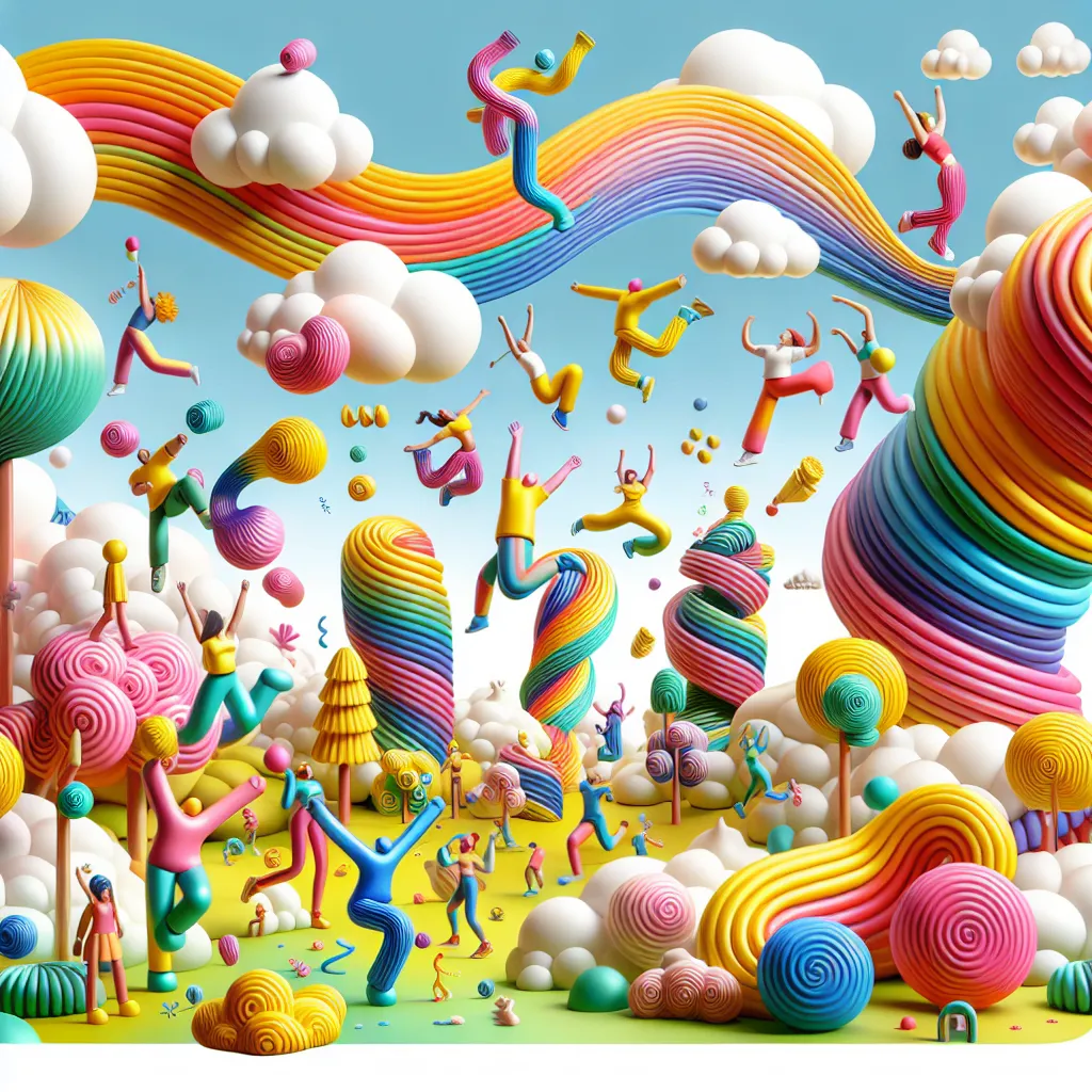 Illustration of a whimsical world where colorful, elastic characters stretch and bounce joyfully in a vibrant landscape filled with fluffy clouds and springy trees.