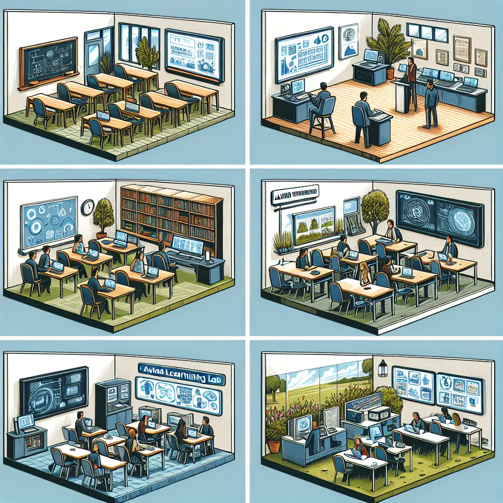 Here are six different classroom settings for training and development initiatives:

1. **Traditional Classroom Setting**: This is a conventional setup with rows of desks facing a teacher at the front. It works well for lectures and presentations, allowing for structured learning. It's best suited for theoretical training where instruction can be delivered directly.

2. **Workshop Setting**: A more interactive environment with tables arranged in a U-shape or clusters. This setting encourages col