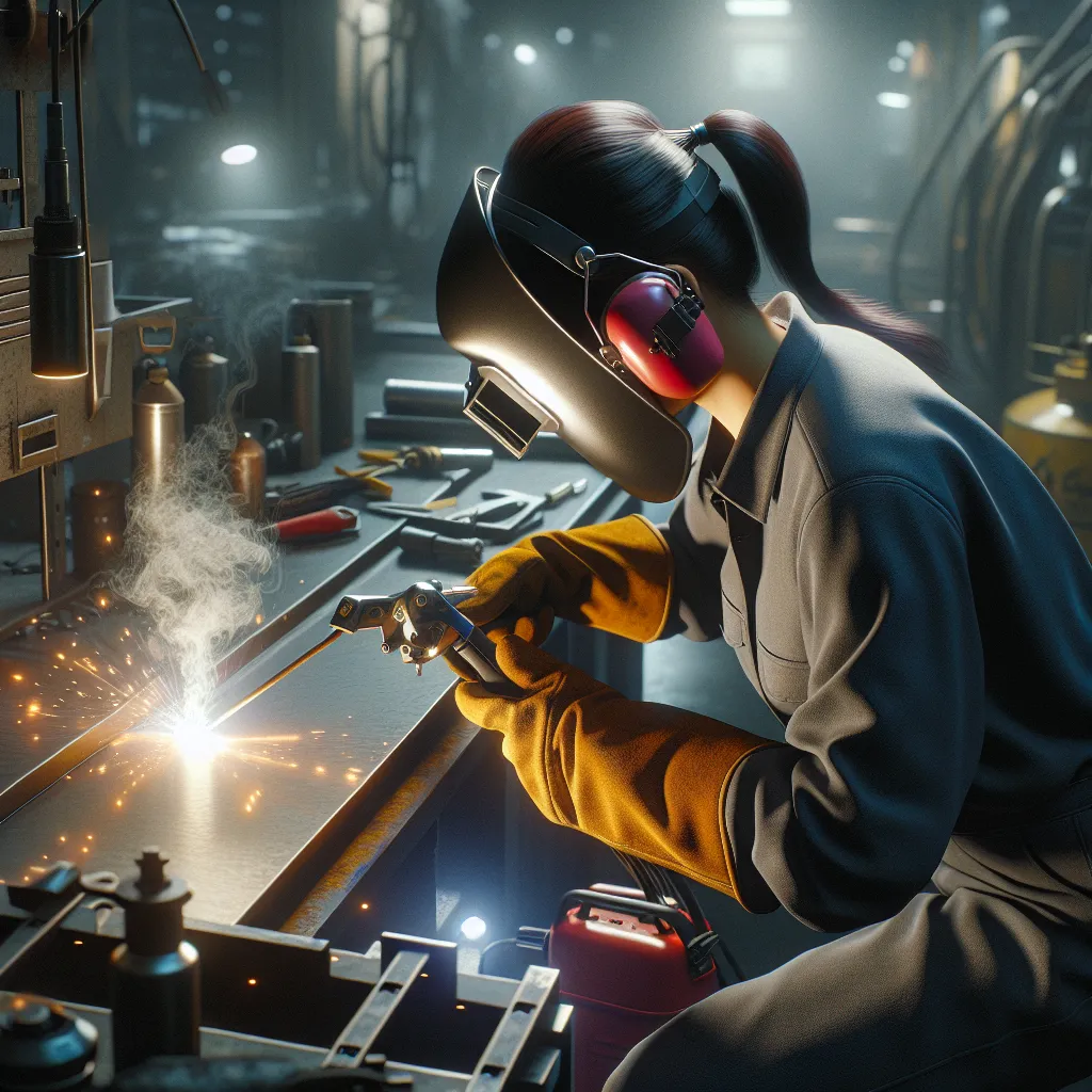 Photo of a welder wearing earmuffs while working in a workshop.