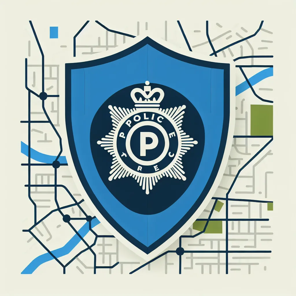 Illustration of a map featuring a blue shield symbol with a police badge icon to represent a police station.