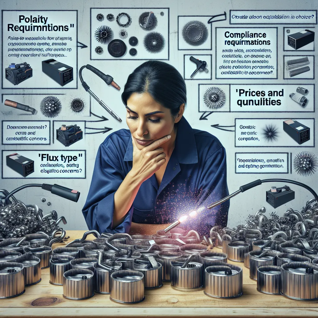 An image depicting a welder thoughtfully selecting electrodes, with labels highlighting various considerations like "Polarity requirements," "Compliance requirements," "Prices and quantities," and "Flux type." The emphasis can be on the manner of reducing fume, dust, and contamination, highlighting "Prices and quantities" as the incorrect choice.