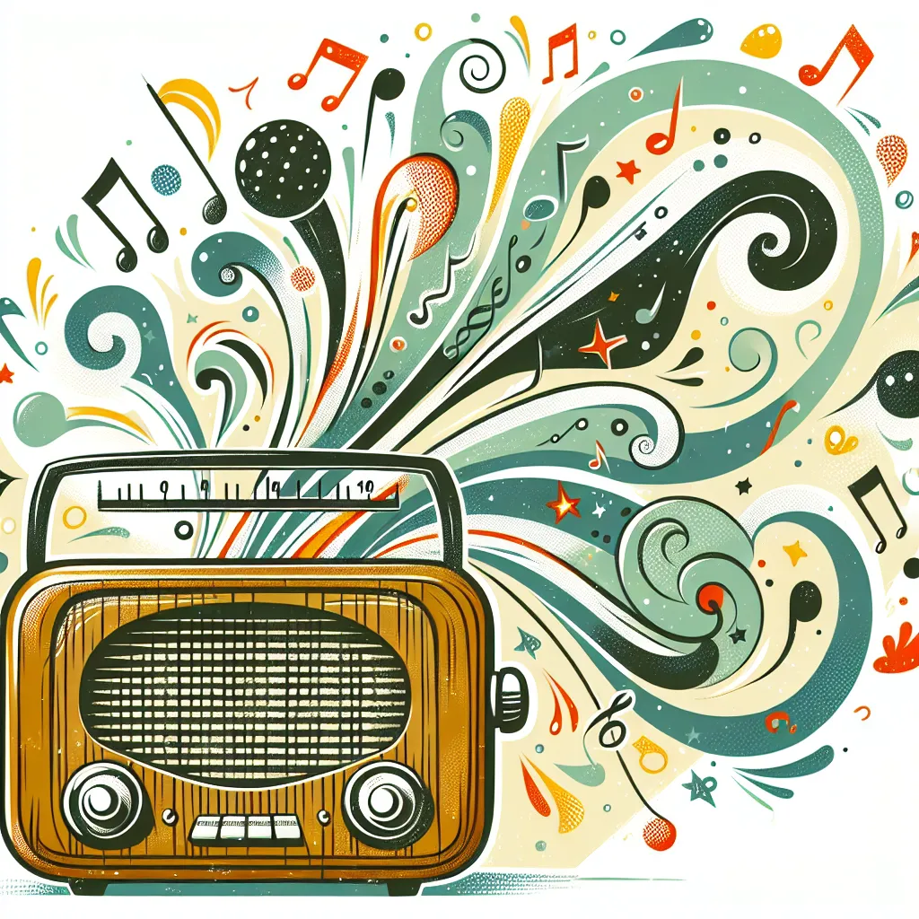 A whimsical illustration of a vintage radio with playful sound waves and cheerful notes swirling around it, symbolizing the voice of a charismatic character like Alastor.