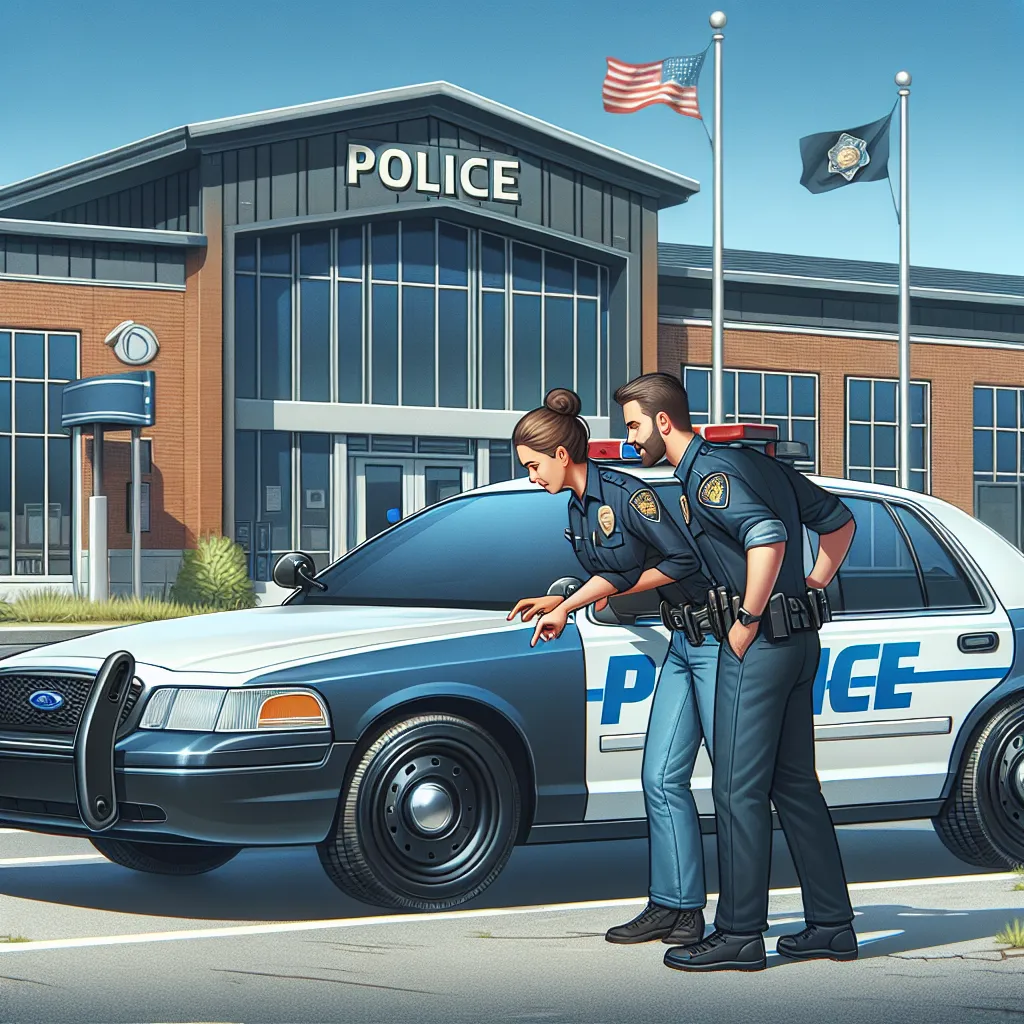 Photo of a modern Ford Crown Victoria police car parked in front of a police station, with officers examining the vehicle and discussing its features.