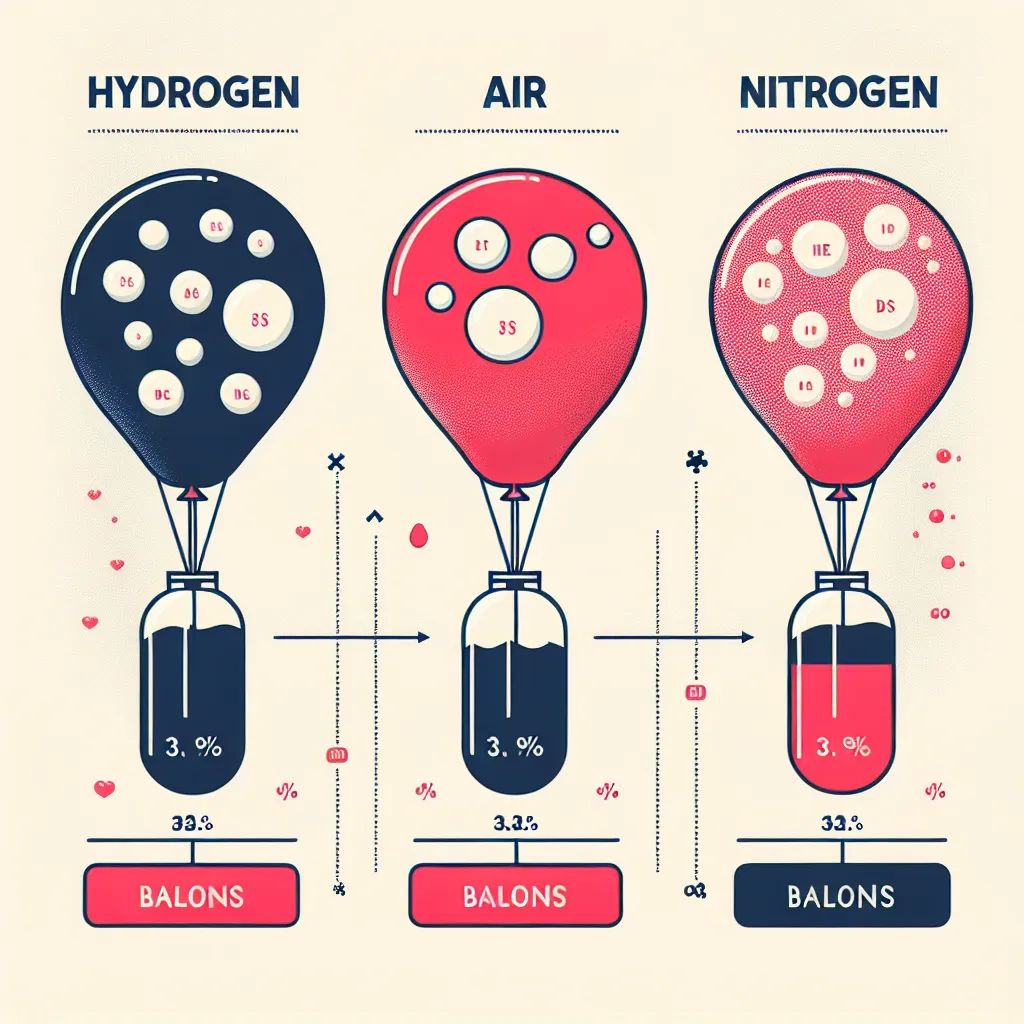 Infographic featuring various alternative gases for balloon inflation, including hydrogen, air, and nitrogen, alongside illustrations of balloons filled with each gas.