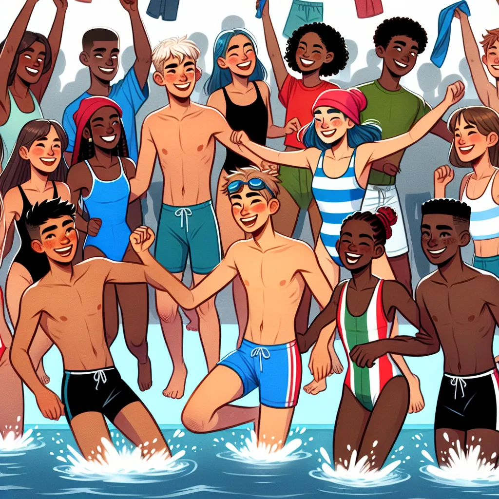 Illustration of a group of teenage athletes in a pool, laughing and splashing water, all wearing mismatched bikinis, with another team in the background holding up speedos.