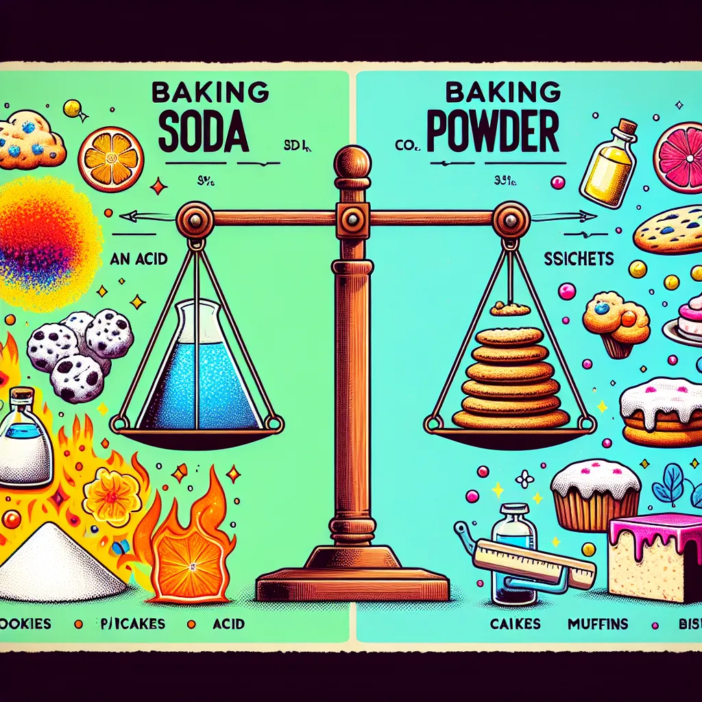 **Similarities:**
1. Both are chemical leaveners.
2. Both help baked goods rise.

**Differences:**
1. Baking soda is pure sodium bicarbonate; it needs an acid to activate.
2. Baking powder contains baking soda and an acid; it only needs moisture and heat.

**Interchangeability:**
- They are not directly interchangeable. Baking soda requires an acid; baking powder includes its own.

**Best Uses:**
- Baking soda is best for cookies, pancakes, and quick breads.
- Baking powder is ideal for cakes, m