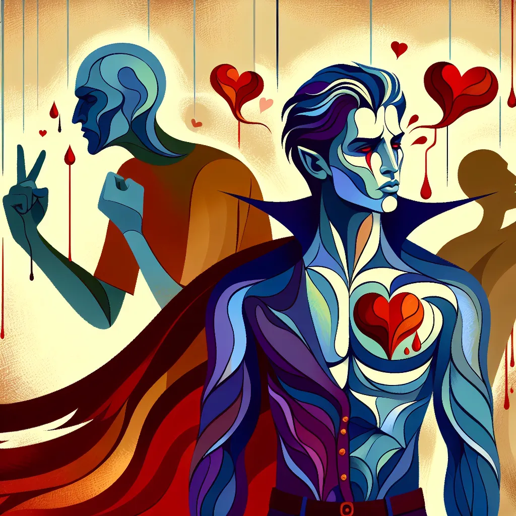 Hombre, Vampiro, Bullying, Amor, Venganza in an abstract style