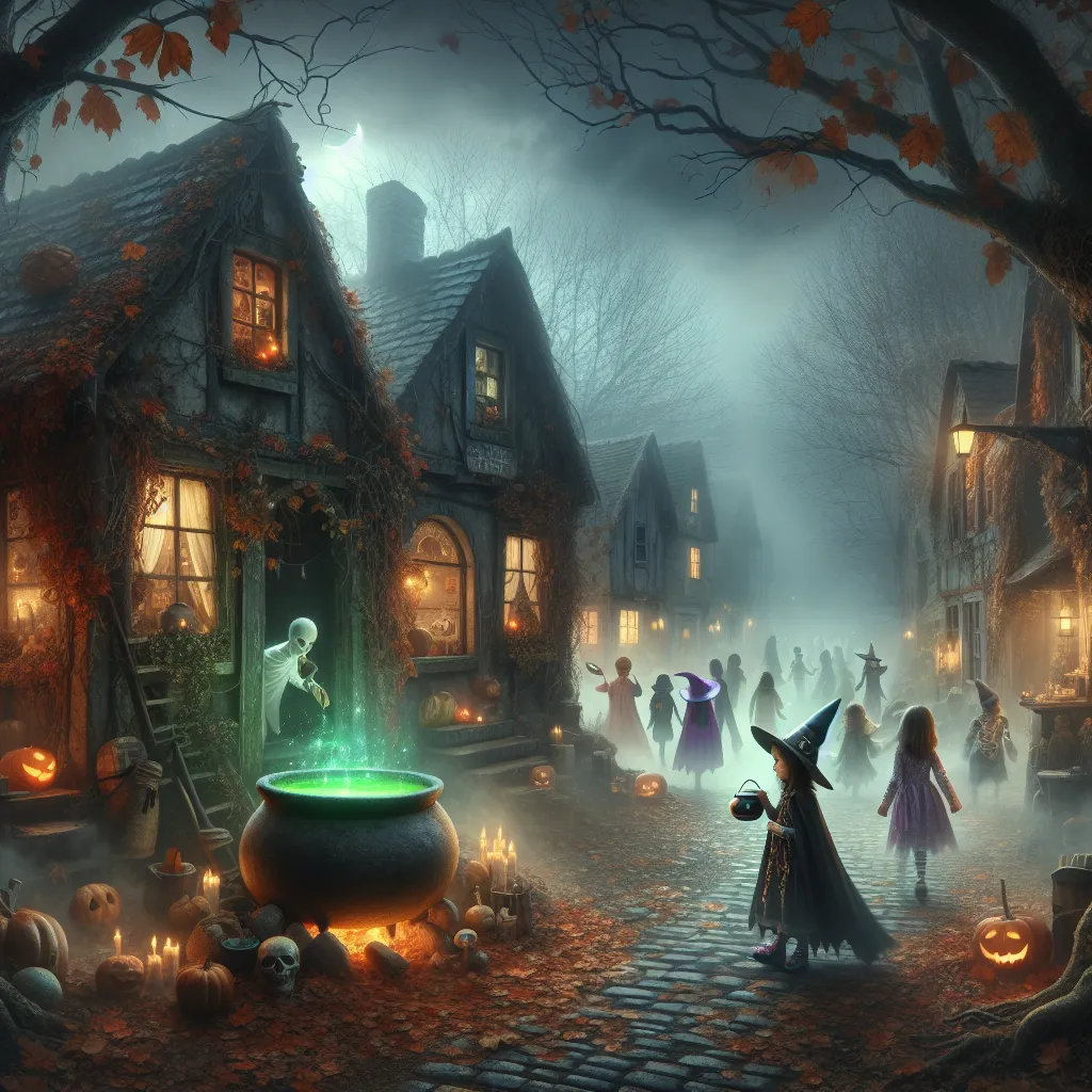 A foggy Halloween night enveloped the small town of Willow Creek. The air was thick with the scent of fallen leaves and the distant sound of laughter echoed as costumed children roamed the streets, baskets in hand, searching for treats. Among them was Emma, a brave little witch with a sparkly broomstick.

As she ventured further from her friends, she stumbled upon a peculiar old house at the end of a dimly lit street. Its windows were dark, and tangled vines climbed its weathered walls. Curiosit
