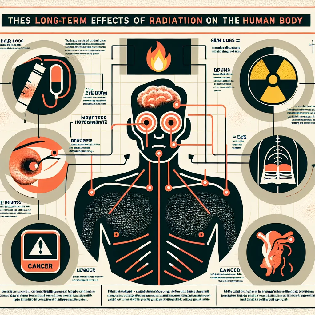 Infographic illustrating the long-term effects of radiation, highlighting "Eye injuries" as the option that is NOT a long-term effect.