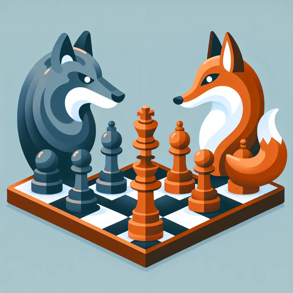 Illustration of a chessboard with pieces shaped like a wolf (representing Magnus Carlsen) and a fox (representing Hikaru Nakamura) playing chess, symbolizing their strategic and cunning styles.