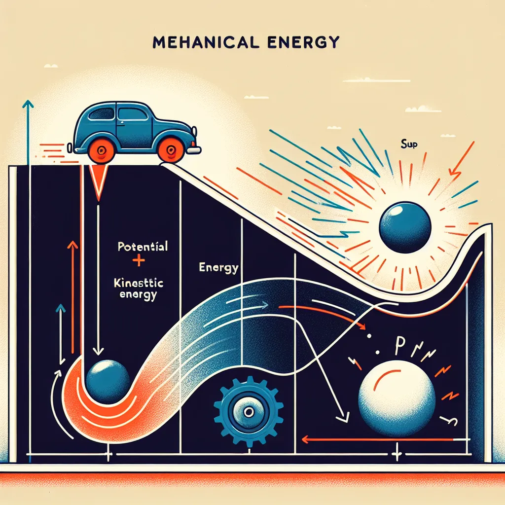 An infographic showing the concept of mechanical energy, illustrating the sum of potential energy and kinetic energy with corresponding visuals for each type of energy.