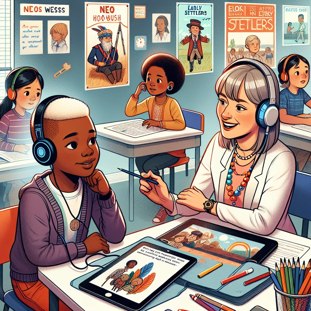 Neo and Lerato are supported through differentiated tasks tailored to their unique needs, helping them engage with the lesson content in distinct ways.

**Neo's Approach:**
- **Listening and Verbal Interview:** Neo's assessment allows him to engage with the history of early settlers without the pressures of reading and writing, accommodating his dyslexia. By listening to an audio recording, he can absorb the content effectively. The verbal interview encourages him to articulate his understanding