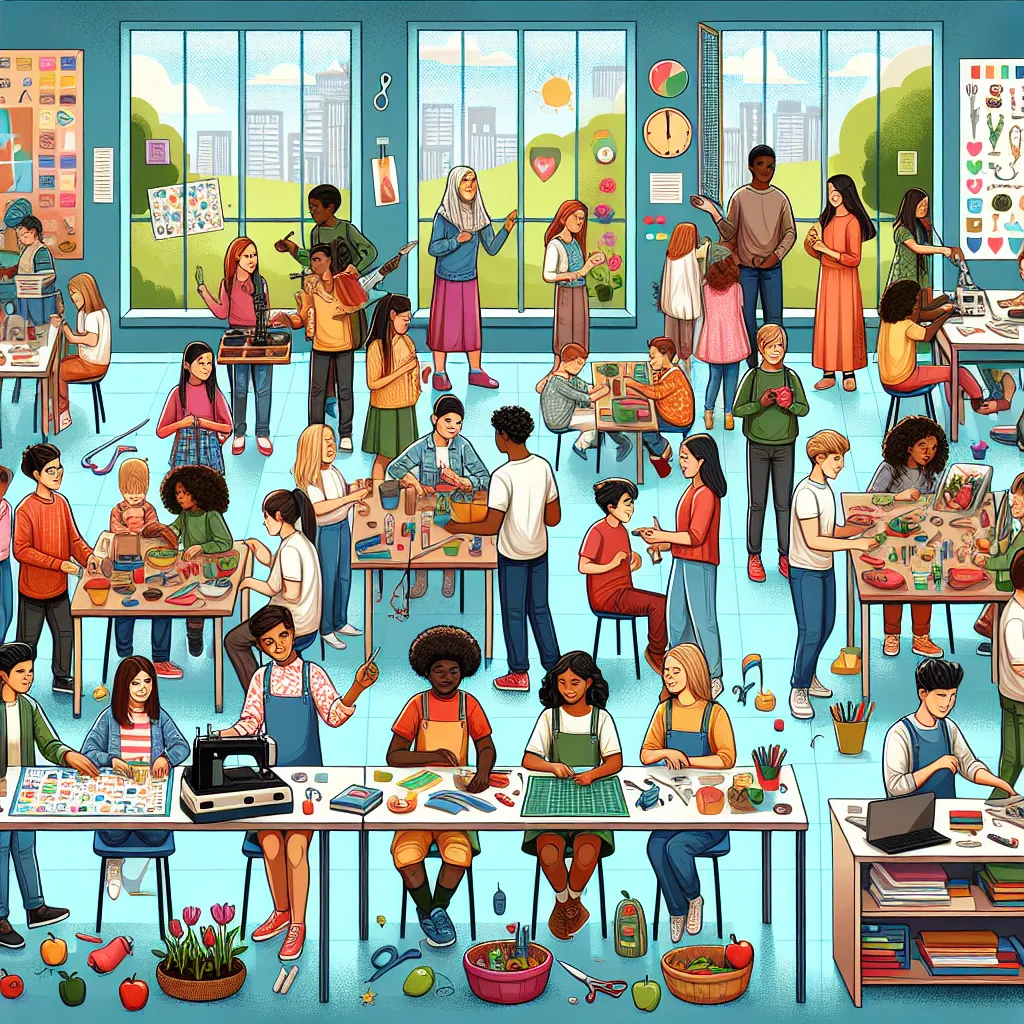 Illustration of a diverse classroom with students engaged in various life skills activities, each tailored to their individual learning needs and styles.