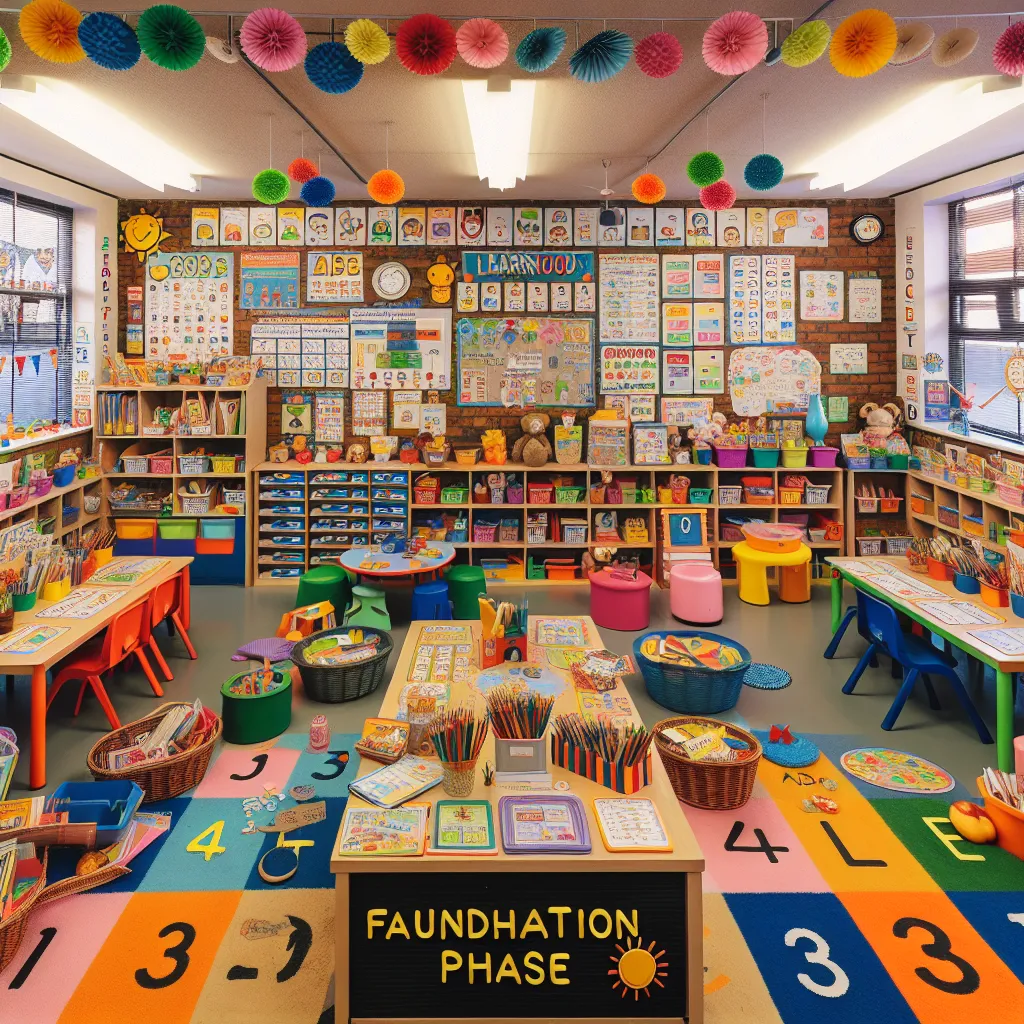 Image of a colorful classroom filled with educational posters, labeled objects, and books, designed for Foundation Phase learners.