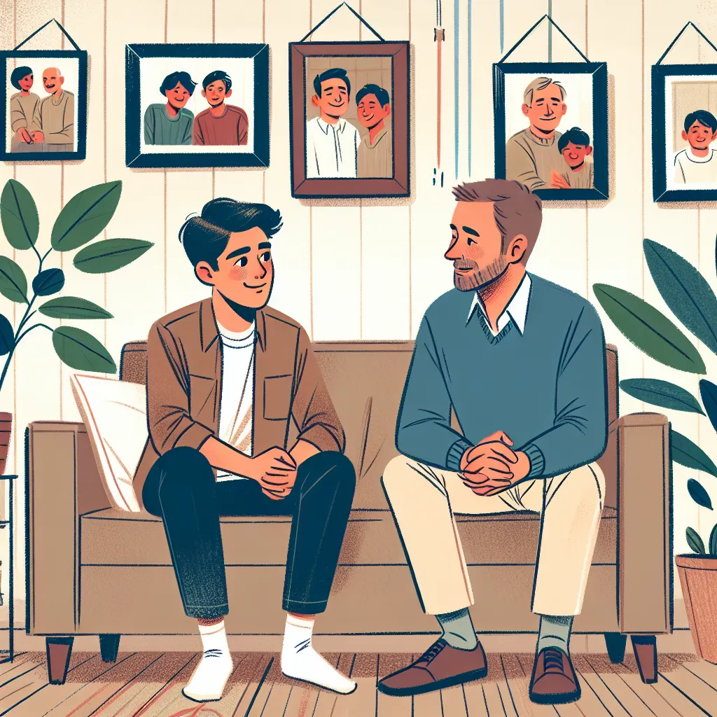 An illustration of a young adult sitting with their dad in a cozy living room, gently sharing a heartfelt conversation while surrounded by family photos and a small potted plant, conveying warmth and maturity.
