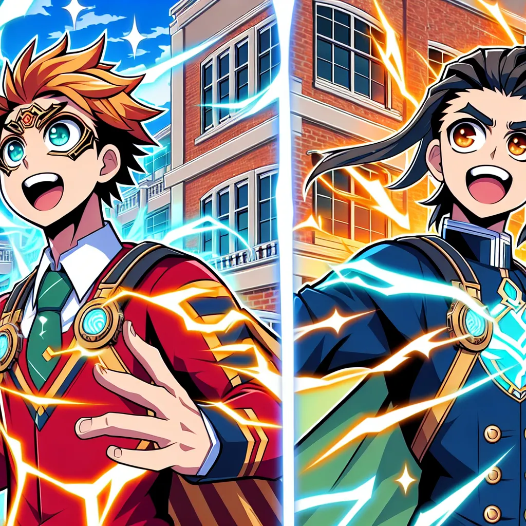 Vibrant anime-style illustration of Deku and Uraraka in each other's bodies, showcasing their distinct expressions and unique hero costumes, set against the backdrop of U.A. High School.