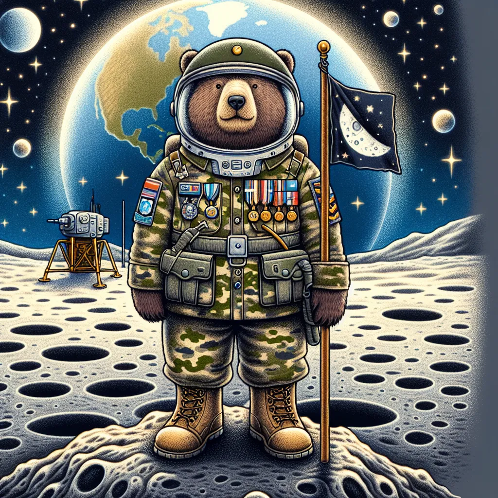 Illustration of a whimsical scene featuring a bear in full military attire, standing proudly on the moon's surface. The bear is donning a camouflage uniform adorned with various medals, a helmet, and holding a small flag. In the background, Earth is visible in the starry sky, while moon craters and a futuristic lunar base provide a captivating landscape. The scene captures a sense of adventure and camaraderie, depicting the bear's mission to explore and protect this new frontier.