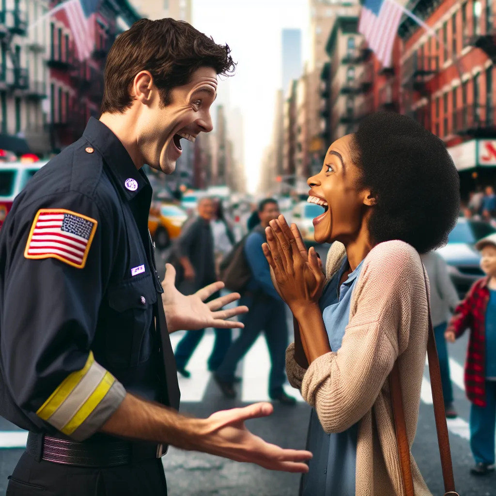 Image of Max and Nadia, grown up, meeting unexpectedly on a bustling New York street. Max, now a firefighter in uniform, looks surprised and emotional, while Nadia appears joyful yet sympathetic. They are surrounded by the backdrop of a busy cityscape, highlighting their unexpected reunion.