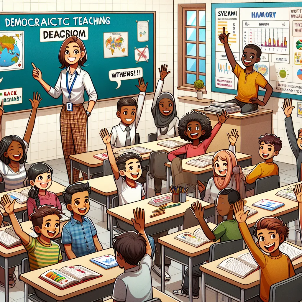 Illustration of a diverse South African classroom with various students, displaying different reactions to a teacher using a democratic teaching style, highlighting both engagement and confusion.