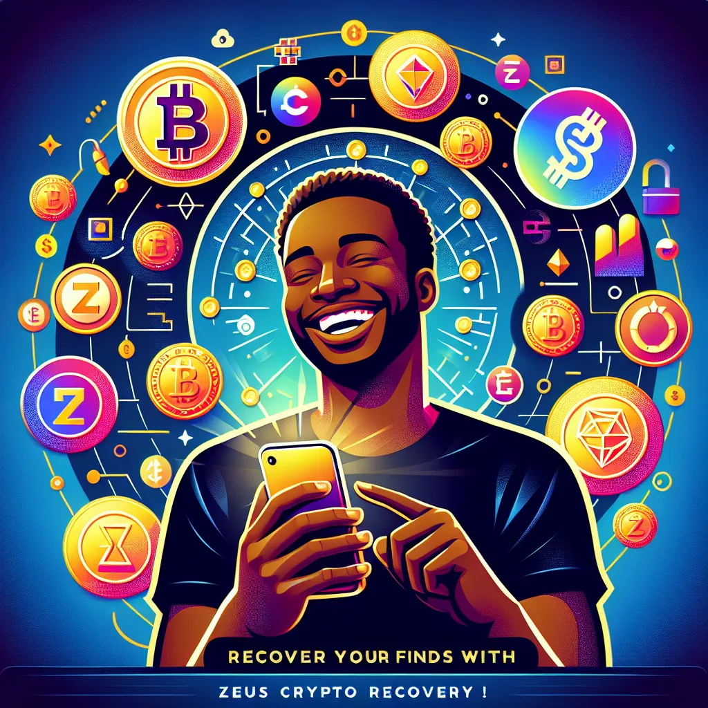 Create a graphic featuring a grateful individual holding a phone, with a backdrop of symbols representing cryptocurrency and recovery. Include the ZEUS Crypto Recovery logo and a tagline like "Recover Your Funds with ZEUS!"