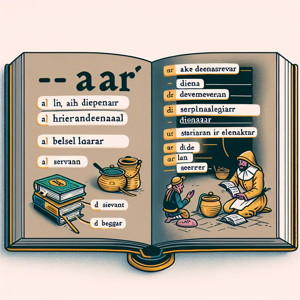 Illustration of a book open to a page explaining the suffix "-aar," with examples like "dienaar" and "bedelaar" highlighted, alongside visual representations of a servant and a beggar.