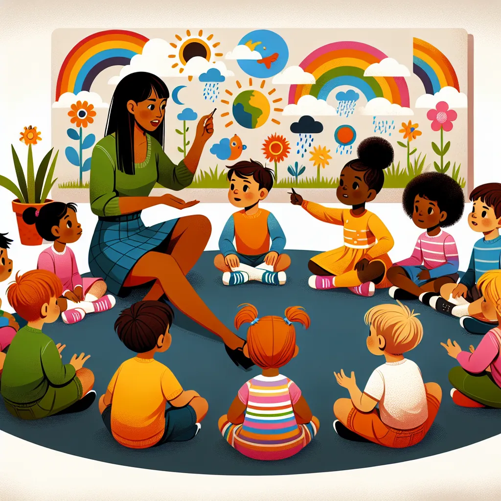 Image of a teacher engaging with young children during a morning circle, discussing a colorful weather chart. The children are actively participating, with some pointing at different weather symbols, while others are seated in a circle listening attentively. The aim of the morning ring activities is to foster community, encourage interaction, and promote learning about daily routines and weather observation.