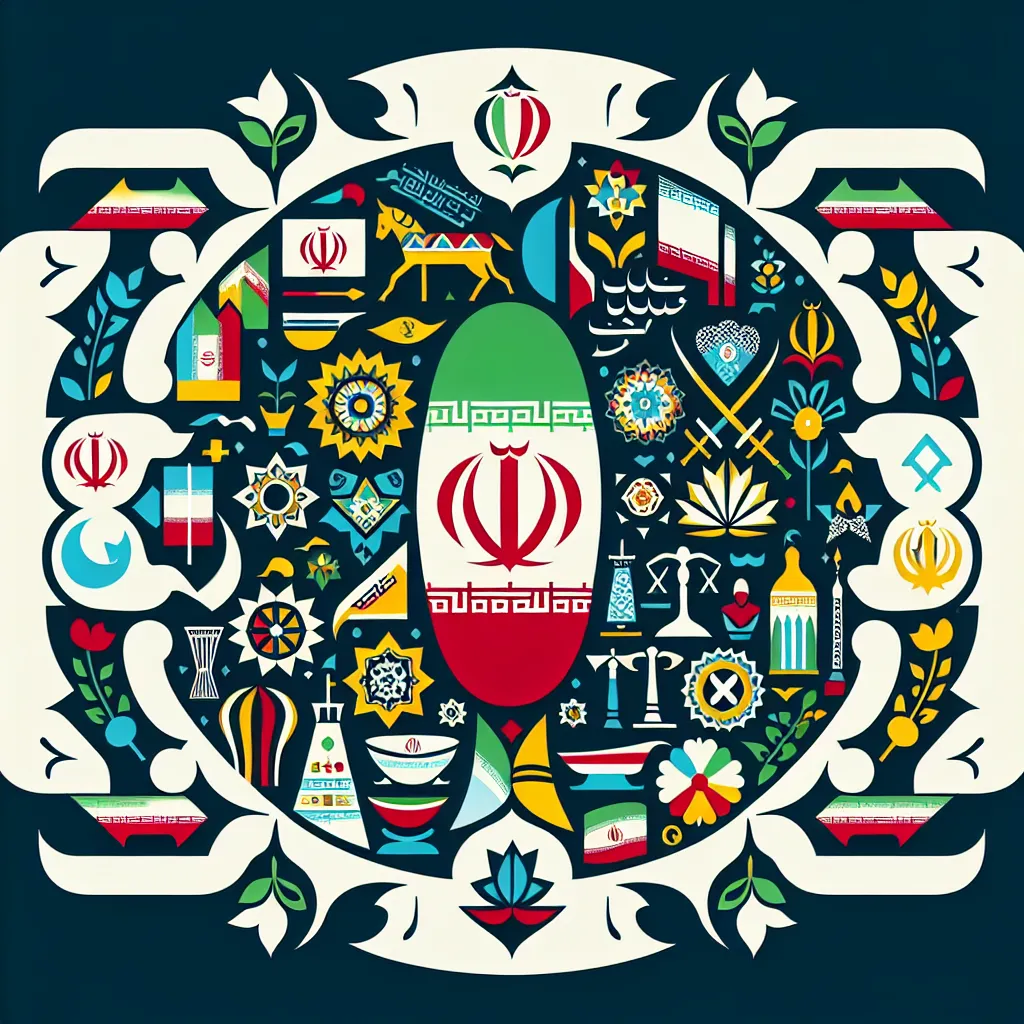 تصویری از پرچم حکمت بعدی ایران با طراحی مدرن، شامل نمادهای فرهنگی و رنگ‌های ملی.