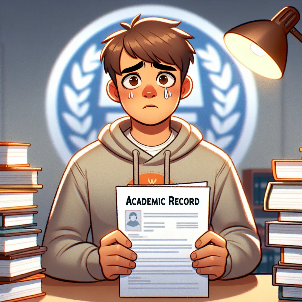 Illustration of a worried student holding a piece of paper labeled "Academic Record" while surrounded by stacks of schoolbooks and an NSAFS logo in the background.