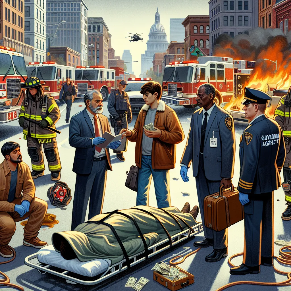 Illustration of a chaotic scene on Grove Street, depicting the aftermath of the final mission in GTA San Andreas. Officer Frank Tenpenny's body is shown in a body bag surrounded by firefighters and police officers. Federal agents are seen assisting with the investigation, while a detective talks to Carl "CJ" Johnson, handing him a suitcase filled with money. In the background, a tow truck prepares to clear away a stolen fire truck and a damaged police car. The atmosphere is tense but hopeful, as