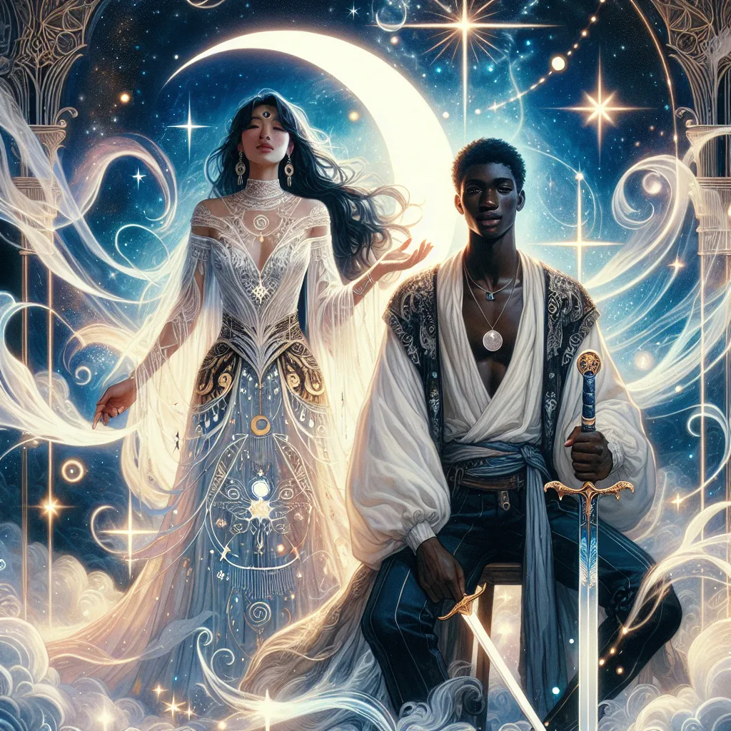 A mystical tarot scene featuring the High Priestess and the Page of Swords, surrounded by twinkling stars and swirling energies, symbolizing intuition and communication in love.