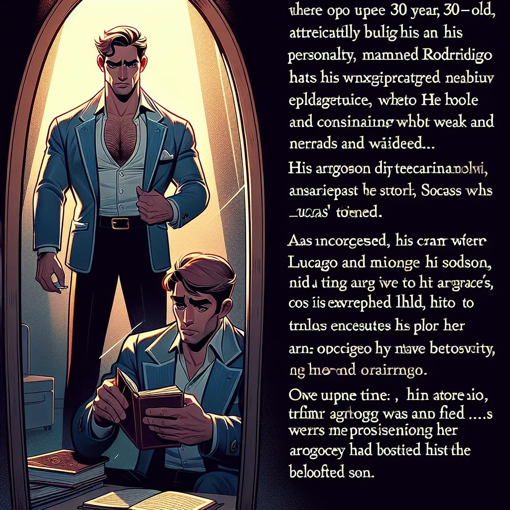 Título: **El Peso del Arrepentimiento**

Érase una vez un hombre llamado Rodrigo, un atractivo y musculoso hombre de 30 años, reconocido por su encanto y egocentrismo. Desde que su hijo, Lucas, nació, Rodrigo lo miró con desprecio. Para él, Lucas era solo un "nerd" débil, insignificante, diferente a lo que él consideraba un verdadero hombre.

Los años pasaron, y la brecha entre padre e hijo se amplió. Rodrigo se obsesionaba con su imagen y su éxito, ignorando las pasiones y sueños de Lucas. Cada