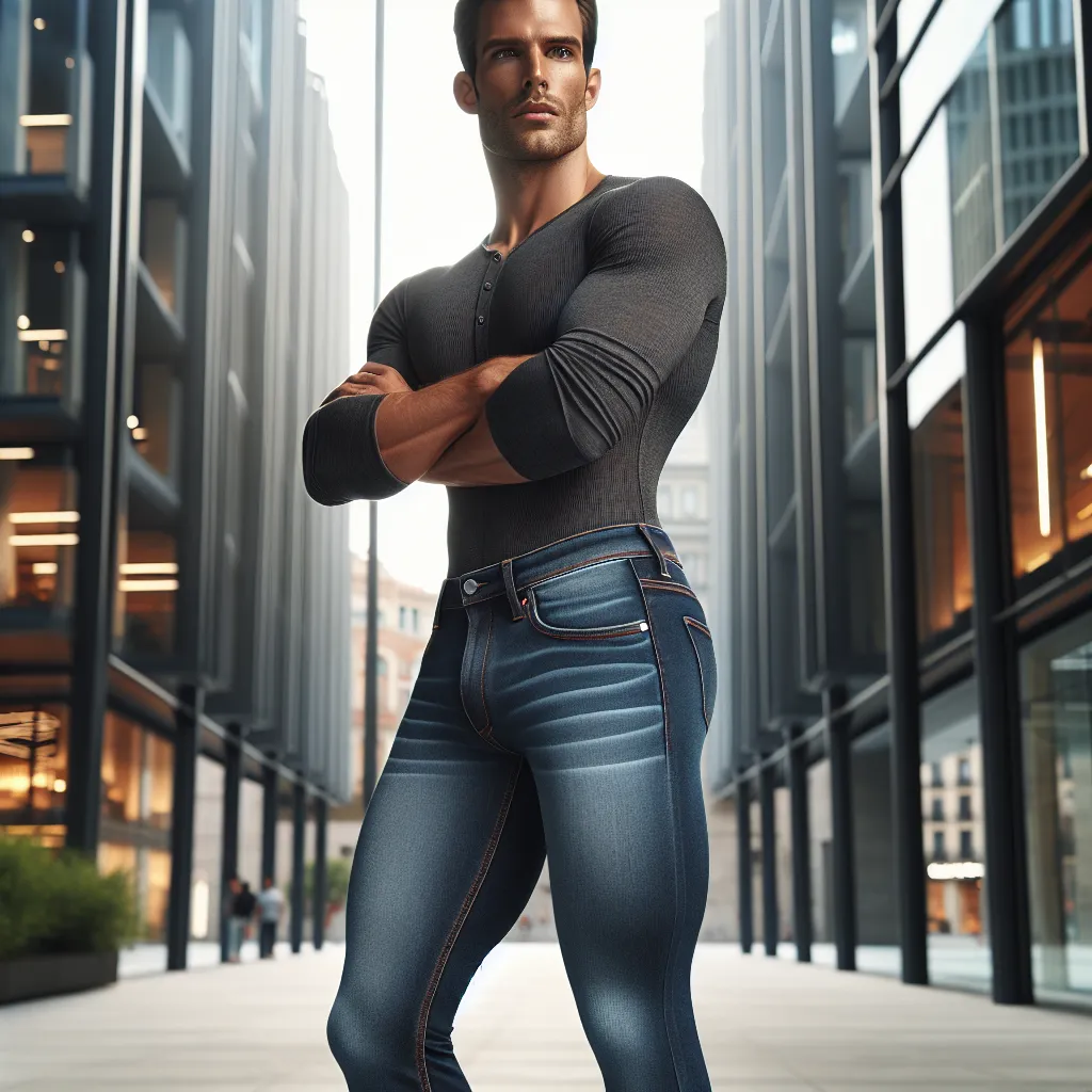 Fashion photo of a man wearing tight-fitting jeans that accentuate his physique, highlighting the effect on his posture and silhouette.