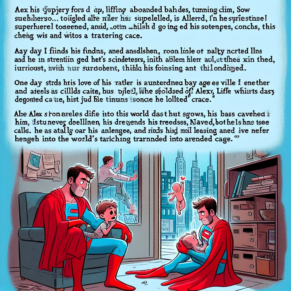 **Título: El Lado Oscuro de la Paternidad**

Clack Kent, conocido como Superman, llevaba una vida tranquila en su hogar de Metrópolis. Una mañana, encontró en su puerta a un bebé abandonado, envuelto en una mantita. Conmovido, decidió adoptarlo y lo nombró Alex. A medida que Alex creció, se convirtió en un joven inteligente y bondadoso, influenciado por el amor y la educación de su padre.

Sin embargo, un día, mientras Superman defendía a la ciudad, fue capturado por un grupo de científicos que 