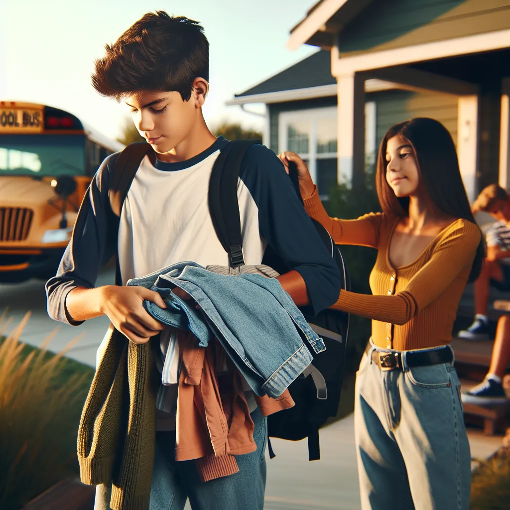 Photo of a teenage boy and his sister exchanging clothes and backpacks in a hurry to help each other out, with the background showcasing a suburban home and a school bus waiting nearby.