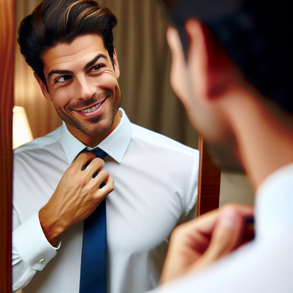 Imagen de un hombre en un espejo, sonriendo maliciosamente mientras se arregla su corbata de boda.