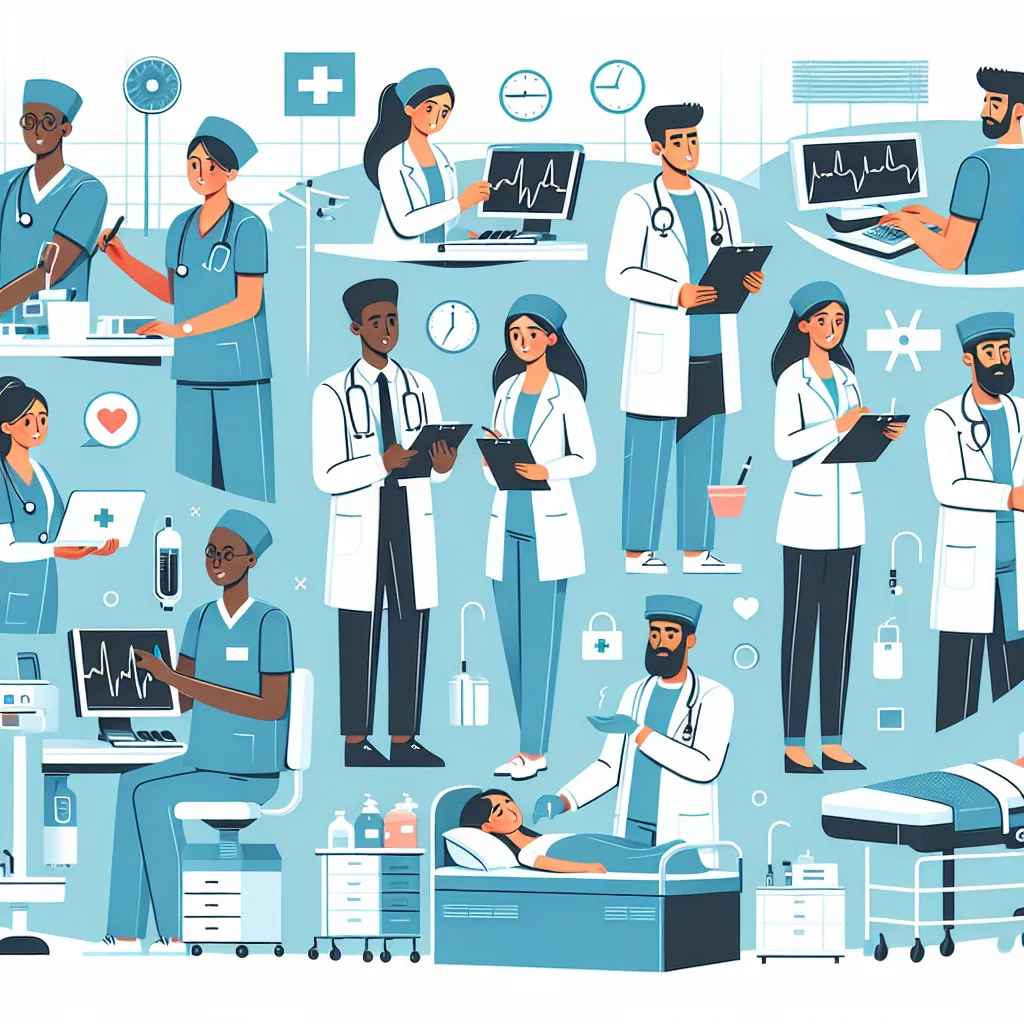 Illustration of a healthcare facility with staff members engaging in activities that support patient care, symbolizing indirect care.