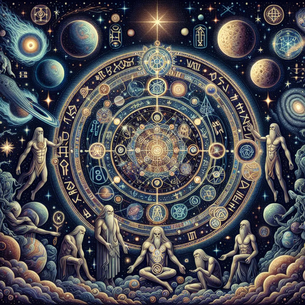 Artistic depiction of ancient mythological beings, resembling humanoid figures with unique features, surrounded by celestial elements and intricate symbols.