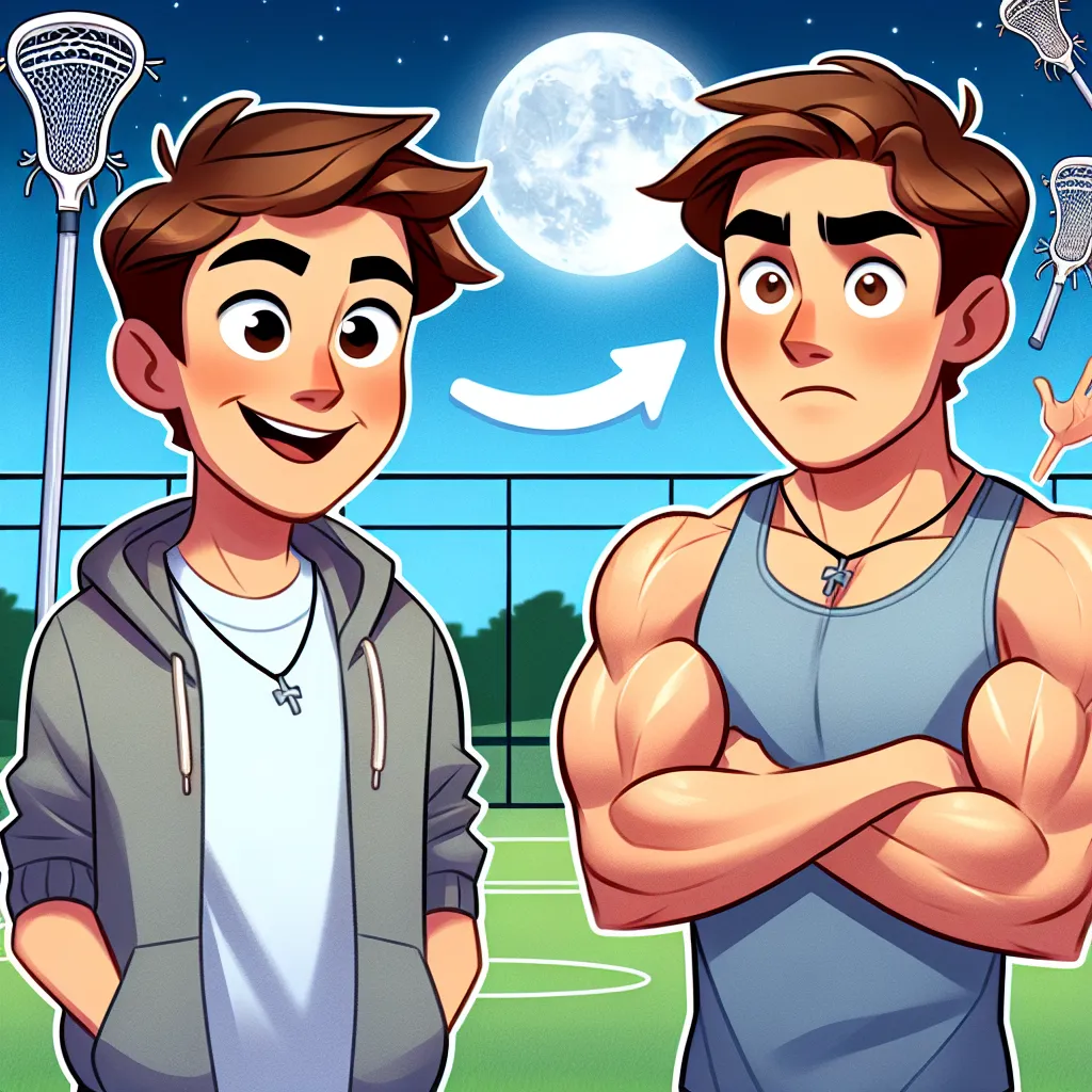 Descripción de imagen: Ilustración de Stiles Stilinski, ahora en el cuerpo de Jackson Whittemore, con una actitud confiada y una sonrisa traviesa, mientras observa a Jackson, que se ve confundido y sorprendido. En el fondo, se pueden ver elementos de un campo de lacrosse y la luna brillando en el cielo, simbolizando el cambio y la conexión entre los dos personajes.