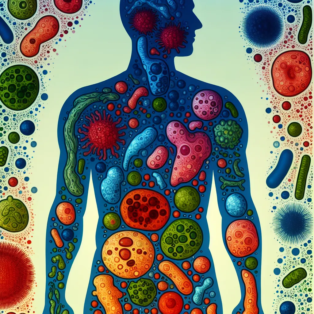 Illustration of a human silhouette filled with colorful representations of cells and microorganisms, showcasing the diversity of life inside the body.