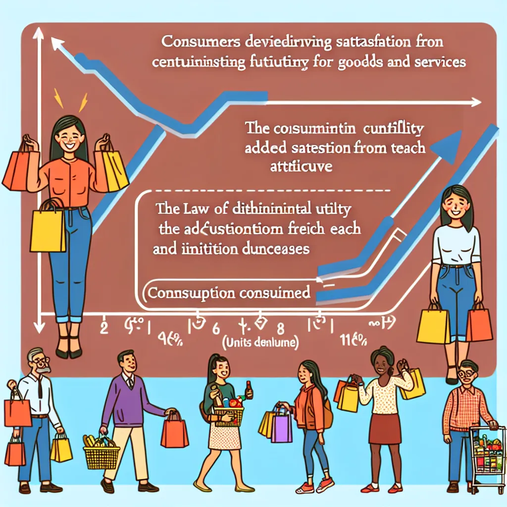 **Image Description:** An infographic illustrating three key conclusions about consumer behavior: 1) Consumers derive satisfaction from goods and services (utility), 2) The law of diminishing marginal utility shows that as consumption increases, the added satisfaction from each additional unit decreases, and 3) Decision-making is influenced by preferences and income levels, depicting diverse consumers in a marketplace.