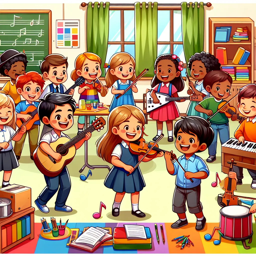 Illustration of a group of children playing musical instruments and dancing in a bright, colorful classroom.