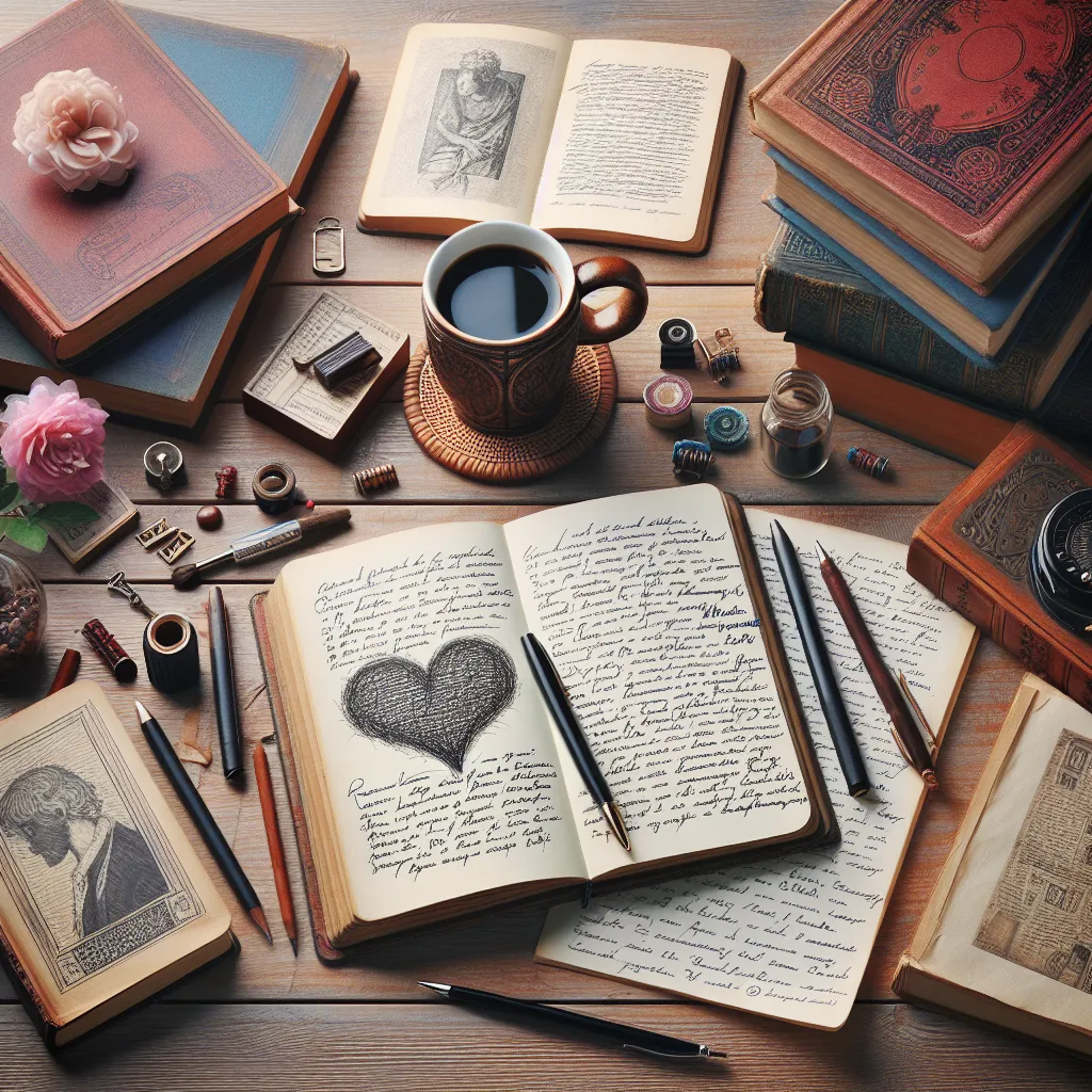 An image of a serene writer's desk, featuring a notebook filled with handwritten notes, surrounded by books and a cup of coffee, capturing a balance between creative emotion and analytical thought.