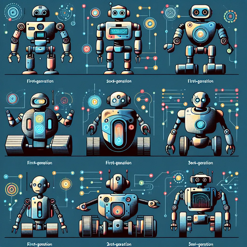 Illustration of various robots labeled as First-Generation, Second-Generation, and Fourth-Generation, showcasing differences in design and sensors.