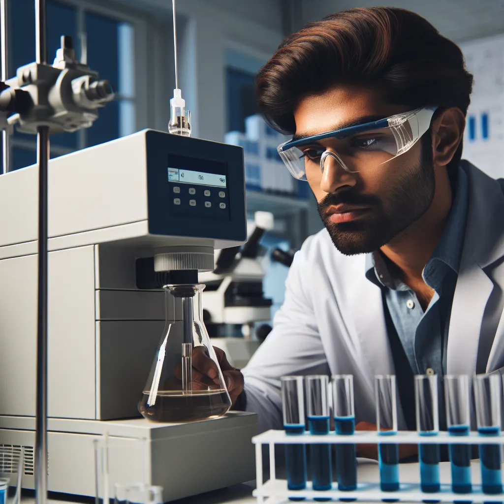 Image of a scientist using a UV/vis spectrophotometer in a laboratory to analyze the concentration of copper ions in a solution.